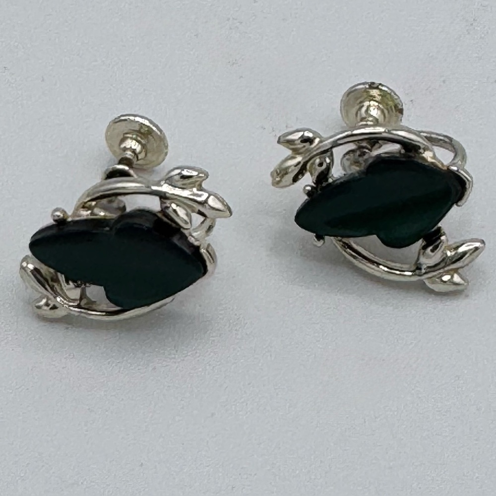 Vintage Thermoset  Glowing Screw-Back Earrings Green Marquise Leaf Design 1960s